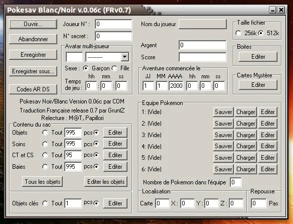 Pokesav Version Noire - Version Blanche 0.08, écran principal sous Linux
