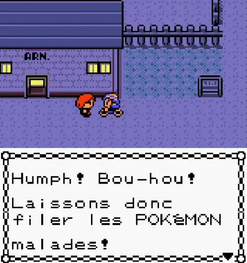 screen du jeu où le rival dit "humph ! bou-hou ! laissons donc filer les Pokémon malades !"