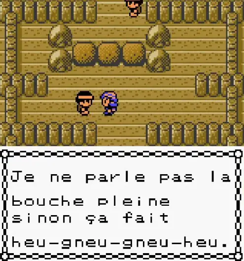 screen du jeu où un pnj dit "je ne parle pas la bouche pleine sinon ça fait heu-gneu-gneu-heu"